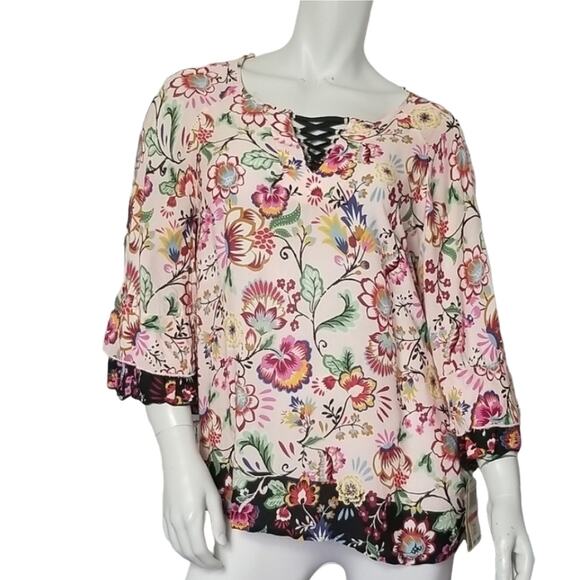 Democracy Tops - Democracy Womens XS Blouse Top Pink Boho Floral 3/4 Sleeve NEW Hippie